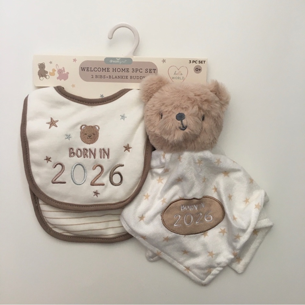 NEW Welcome Home 3-Piece Baby Set Bibs and Bear Lovey | DreamGro